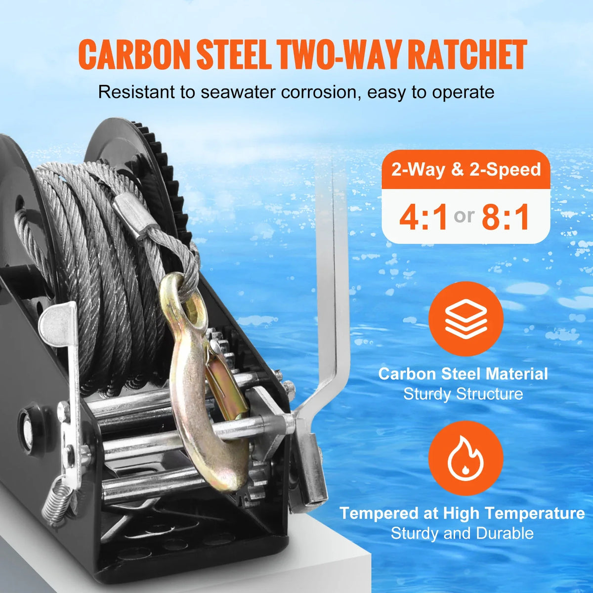 Hand Winch, 3500lbs Pulling Capacity, Boat Trailer Winch Heavy Duty Rope Crank w/ 33ft Steel Wire Cable & Two-Way Ratchet