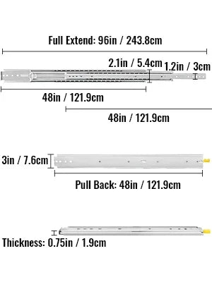 Locking 18"-60" Slides Bearing 500LBS Heavy Duty Drawer Slides 3-Fold Guide Rail Full Extension Ball Industrial 76mm Width
