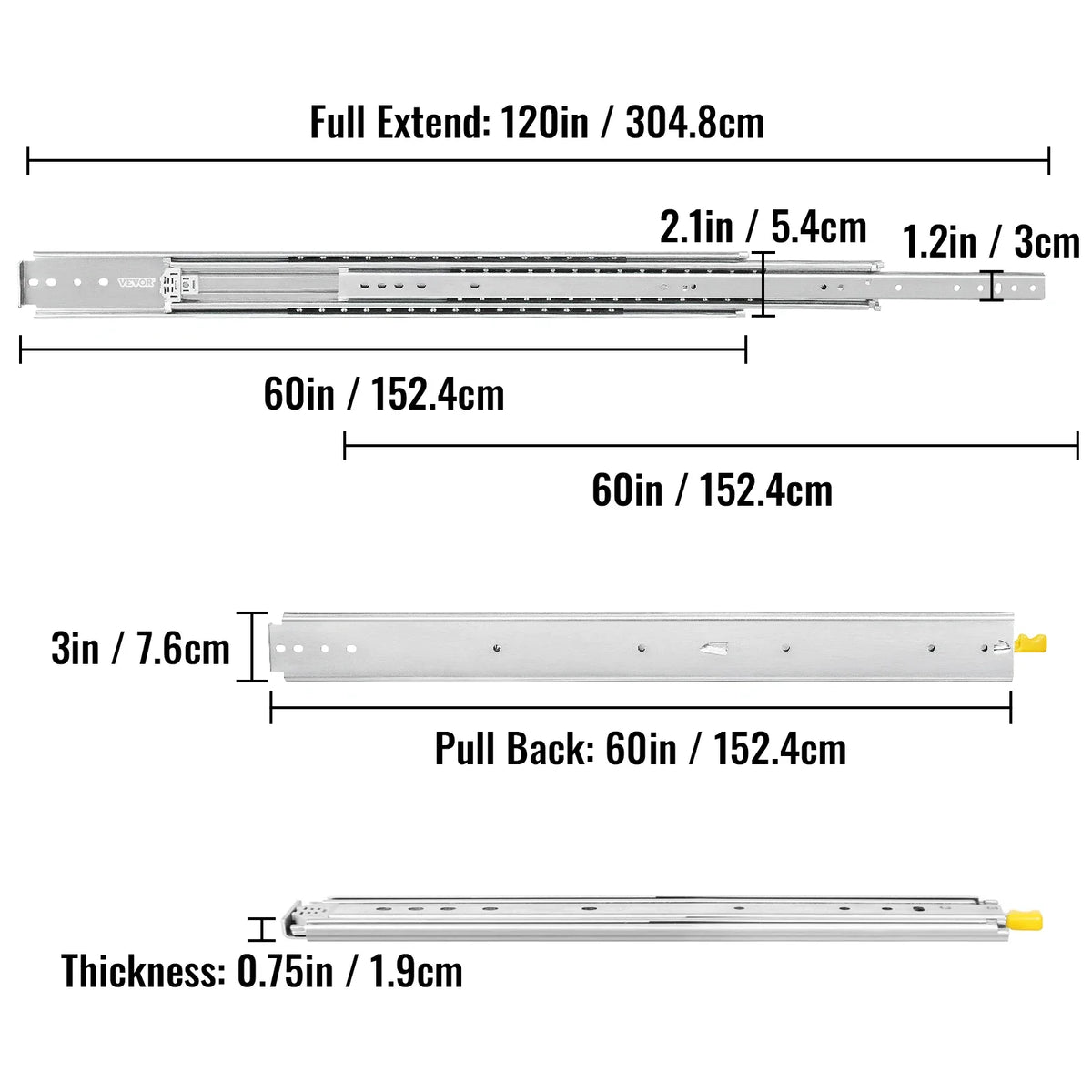 Locking 18"-60" Slides Bearing 500LBS Heavy Duty Drawer Slides 3-Fold Guide Rail Full Extension Ball Industrial 76mm Width