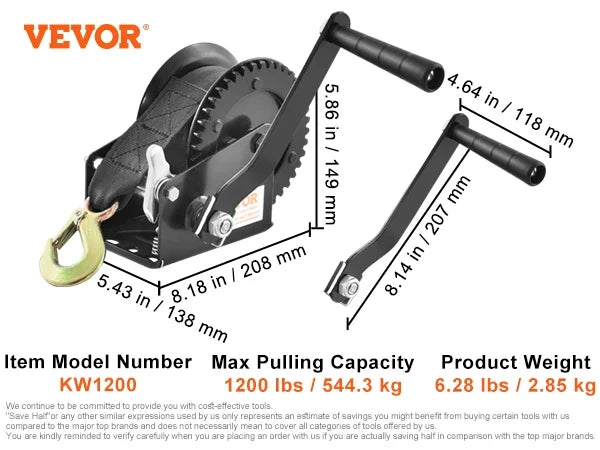 Hand Winch,Boat Trailer Winch Heavy Duty Rope Crank w/ 23ft Polyester Strap & Two-Way Ratchet,Manual Operated Crank Winch