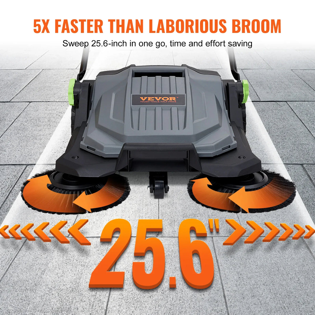 Walk-behind Hand Push Floor Sweeper 25.6" Sweeping Width Floor Sweeper 5-Gallon Waste Container Angle & Height Adjustable