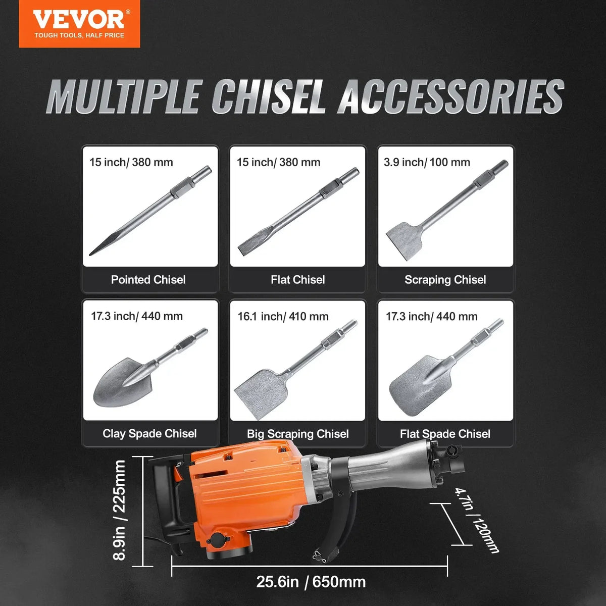 3500W Demolition Jack Hammer 60J Electric Jackhammer Concrete Breaker with 2 Chisel Bits for Trenching and Breaking Holes