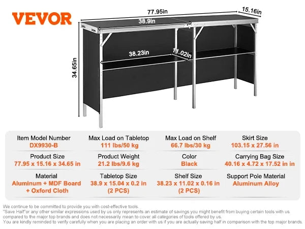 Folding Portable Bar Table Tradeshow Podium Table for Party Picnic Exhibition Includes Carrying Case Storage Shelf & Skirt