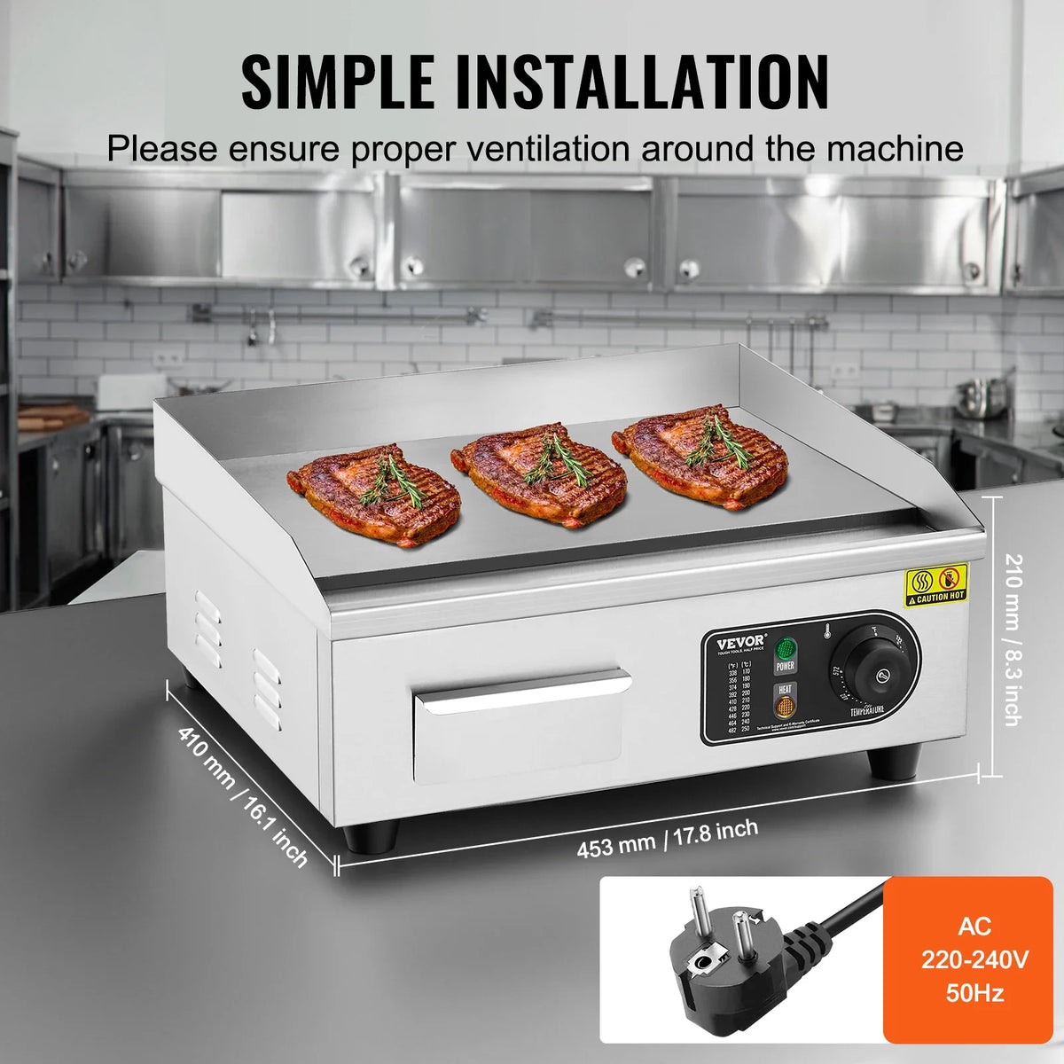 17.8In Commercial Electric Griddle, Countertop Flat Top Grill, 122℉-572 ℉ Adjustable Temp, Stainless Steel Griddle Grill