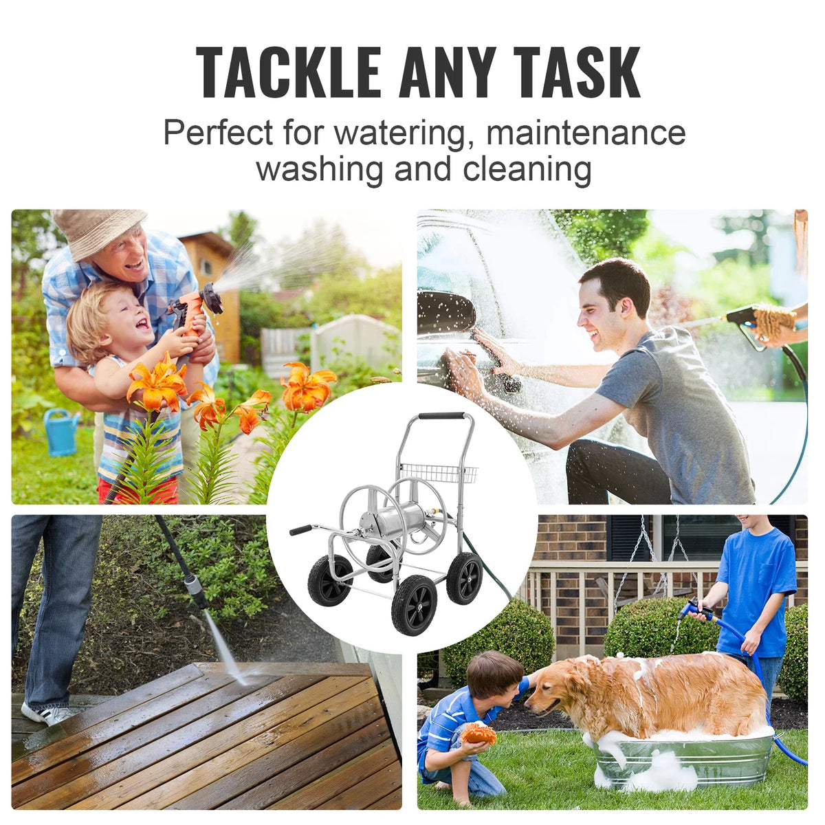 Hose Reel Cart300 ft 5/8’’ Hose Garden Water Hose Carts Mobile Tools  with Storage Basket for Garden Yard Lawn