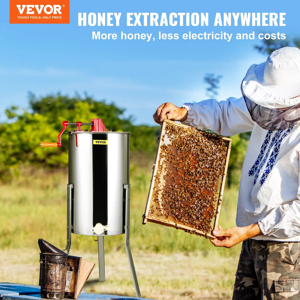 Manual Honey Extractor, 3 Frames Honey Spinner Extractor, Stainless Steel Beekeeping Extraction, Honeycomb Drum Spinner