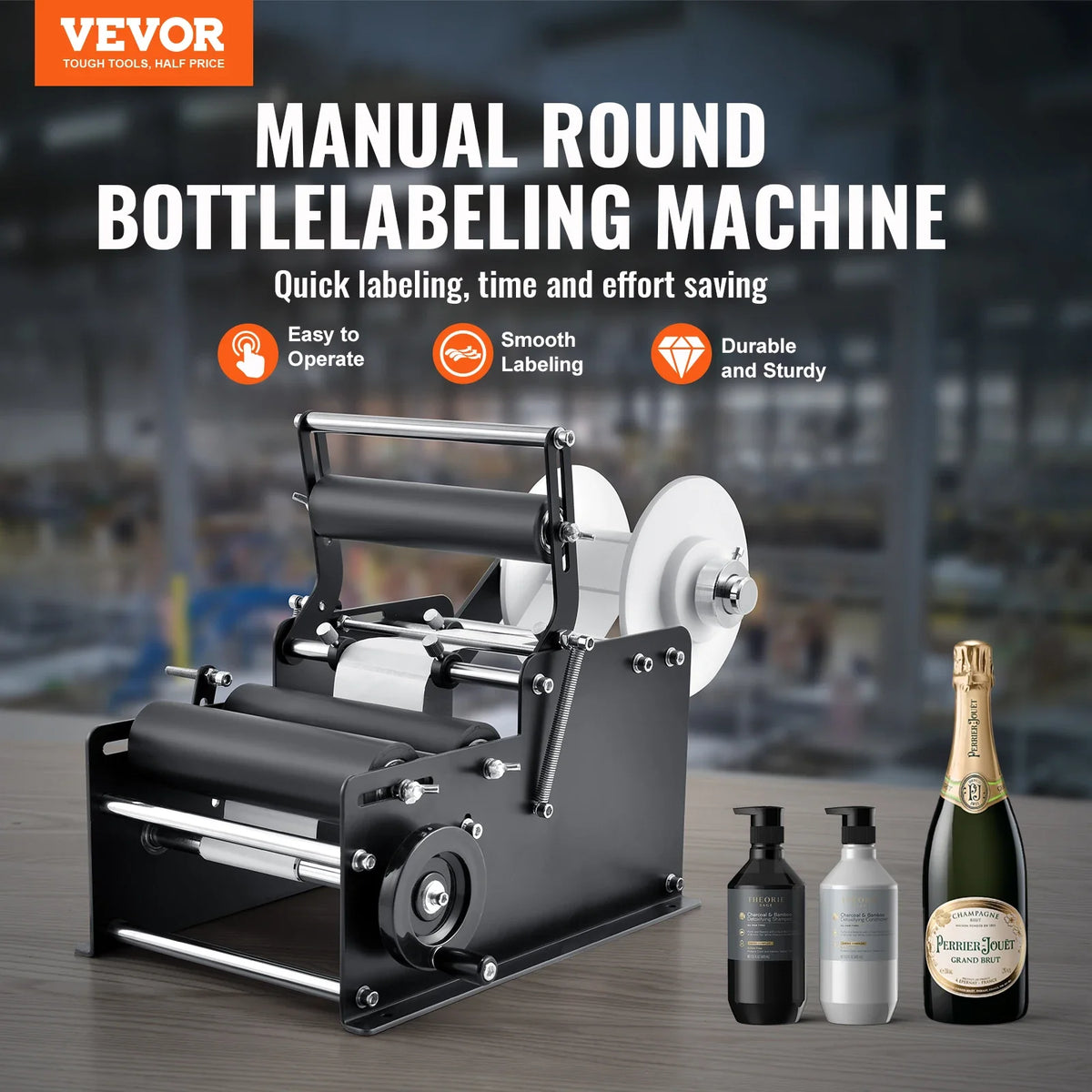 Manual Round Bottle Labeling Machine 15-20pcs/min Adjustable Labeler for Bottles Diameter 0.78-4.72 in (with Pressing Bar)