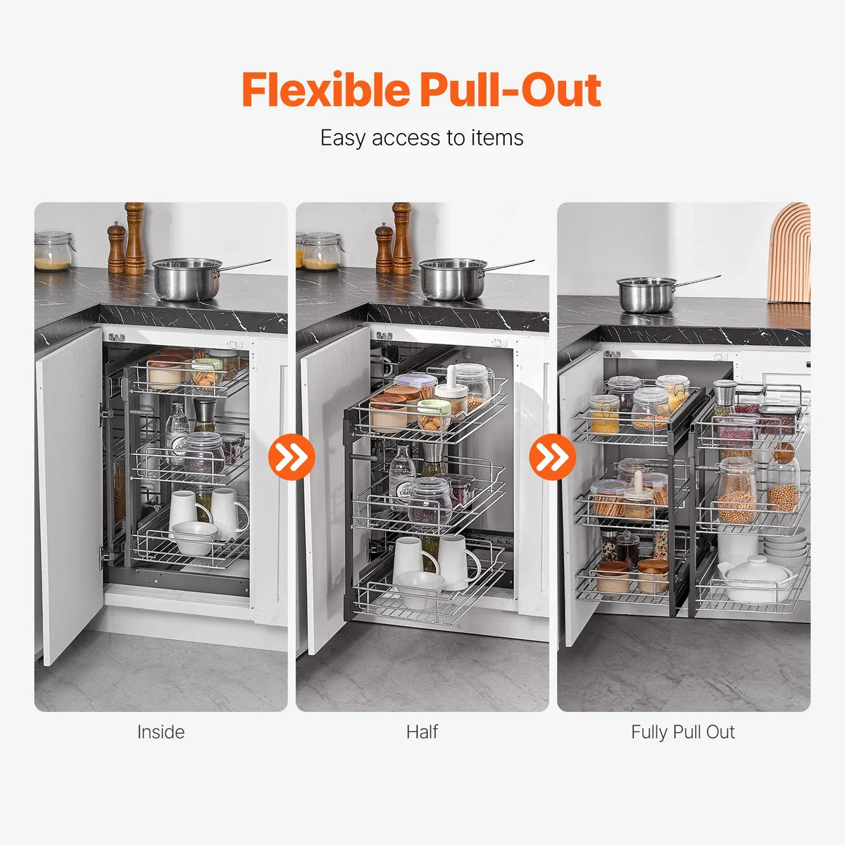 15"W Opening Blind Corner Pull Out Organizer, 3 Tier 6 Shelf Kitchen Cabinet Organizer, Chrome Carbon Steel Storage Basket