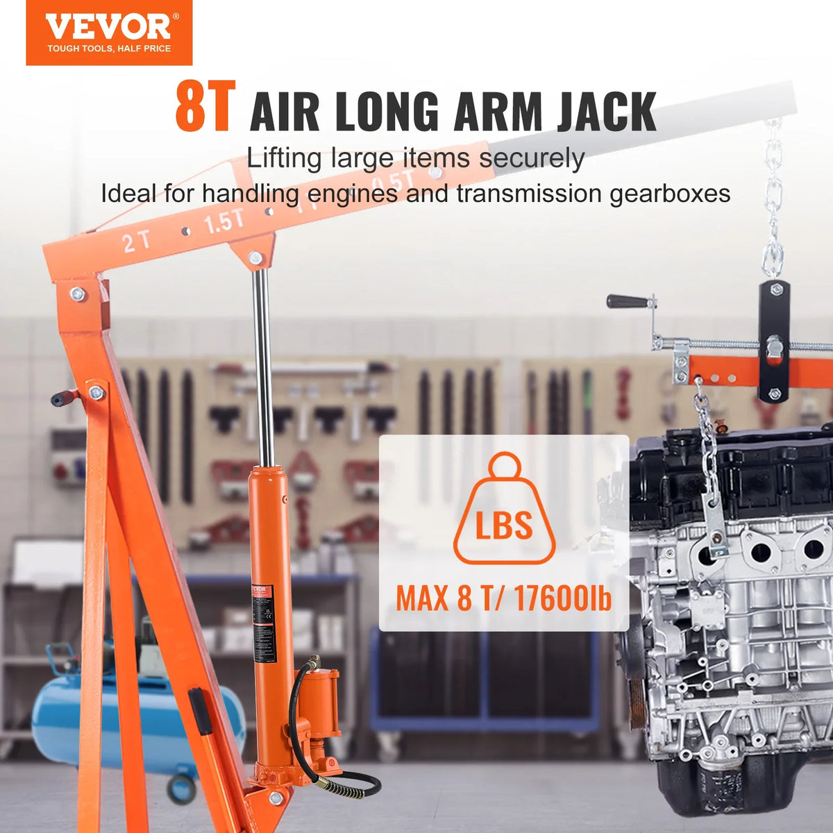 Hydraulic Long Ram Jack 8 Ton Engine Hoist Cylinder with Air Pump for Engine Lift Hoists Garage Cranes Mechanical Farm