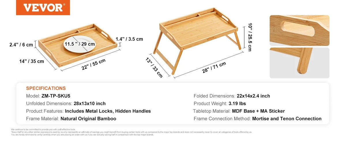 Bamboo Bed Tray Laptop Table with Foldable Legs,Mini Stand Lap Desk/Table,Multifunction Snack/Breakfast Tray Bed Table
