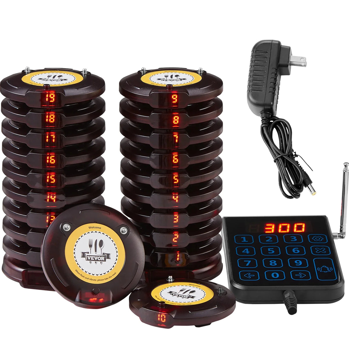 Restaurant Pager Wireless Calling System Coaster Buzzer Vibrator Bell Receiver Beeper for Food Truck Cafe Bar 20 pagers