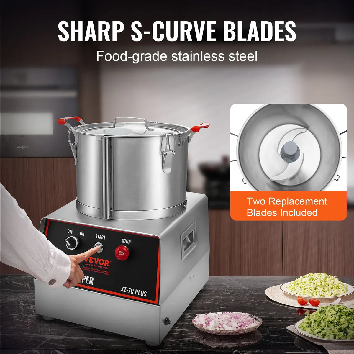 Food Processor & Vegetable Chopper, 7Qt 750W Food-Grade Stainless Steel Food Processor Chopper with 2 Extra S-Curve Blades