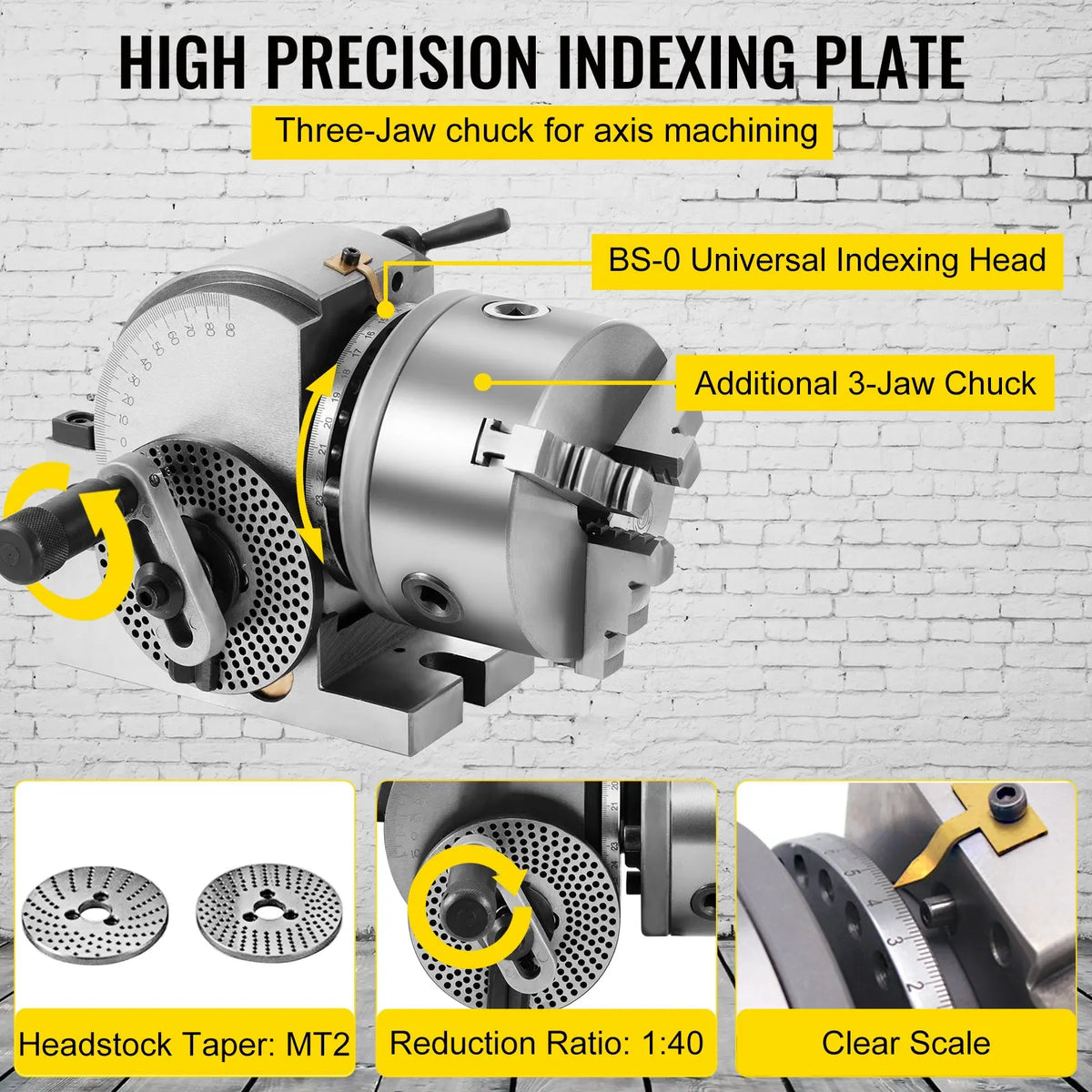 BS-0 5 Inch 3-Jaw Chuck Dividing Head Set, Precision Semi Universal Indexing Head for Milling Drilling Machine Tailstock