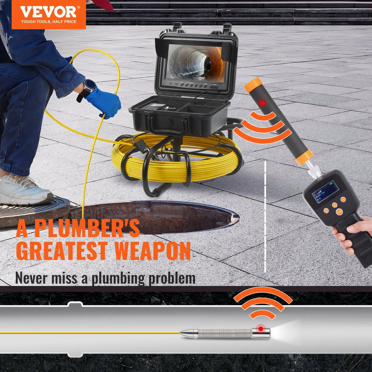 Sewer Camera w/512Hz Locator, 164ft/50m, 9" IP68 Probe, DVR & 12 LEDs, 16GB SD Card - Drain/Pipe/Home Plumbing Inspection