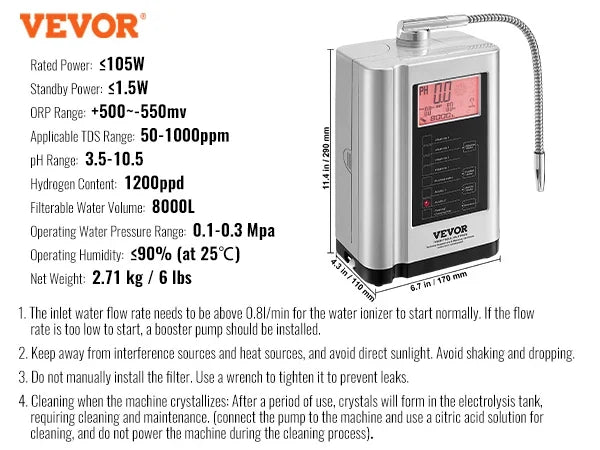 Alkaline Water Ionizer Machine,pH 3.5-10.5 Alkaline Acidic Hydrogen Water Purifier,7 Water Settings Home Filtration System