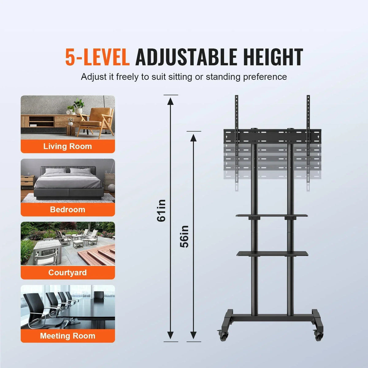 Mobile TV Stand Height Adjustable TV Stand with Wheels Double Tray for Audio-Visual Devices Rolling TV Stand for Bedroom