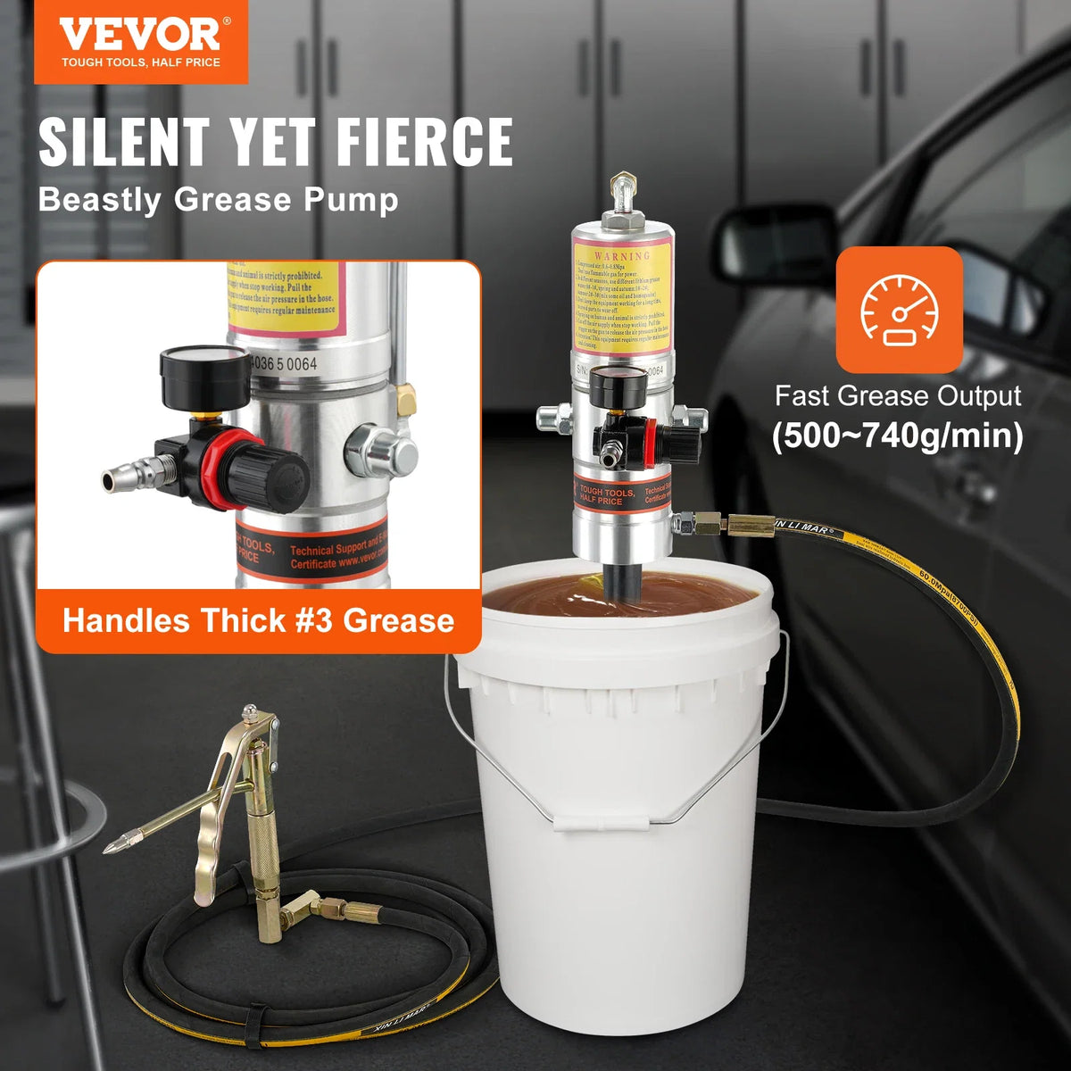 Grease Pump, 50:1 Pressure Ratio Air Operated Grease Pump w/13 ft High Pressure Hose and Grease Gun, Pneumatic Grease Pump