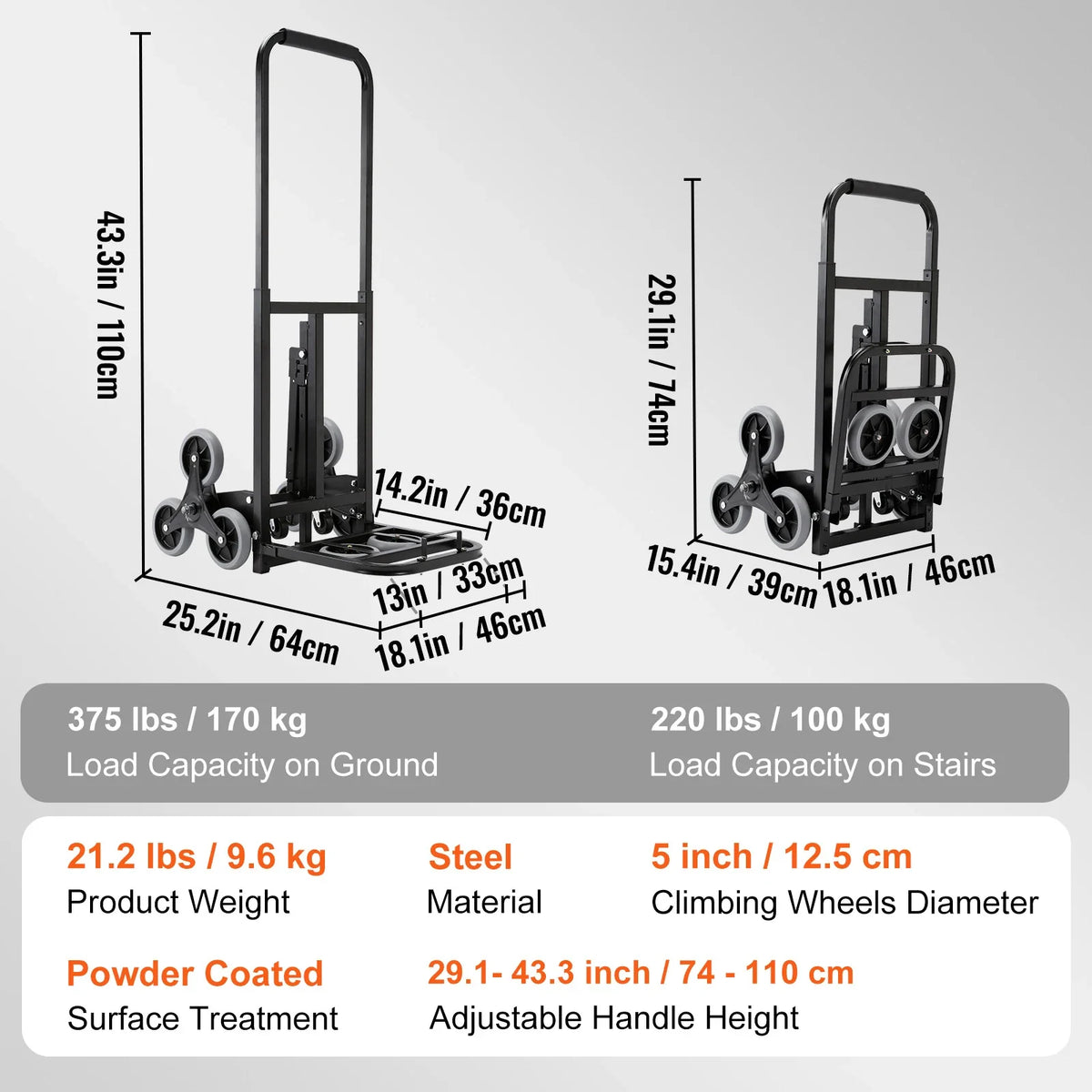 375lbs Stair Climbing Cart Foldable Dolly with Adjustable Handle Hand Truck 10 Wheels All Terrain Cart for Transport Goods