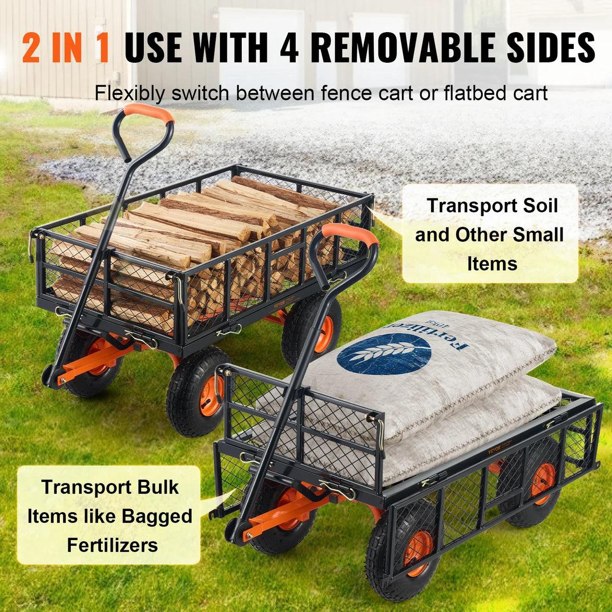 Garden Cart, Sturdy Metal Utility Wagon w/Simple Assembly, Versatile Dump Cart w/Dual-Function Handle, 400 lbs,10" Wheels