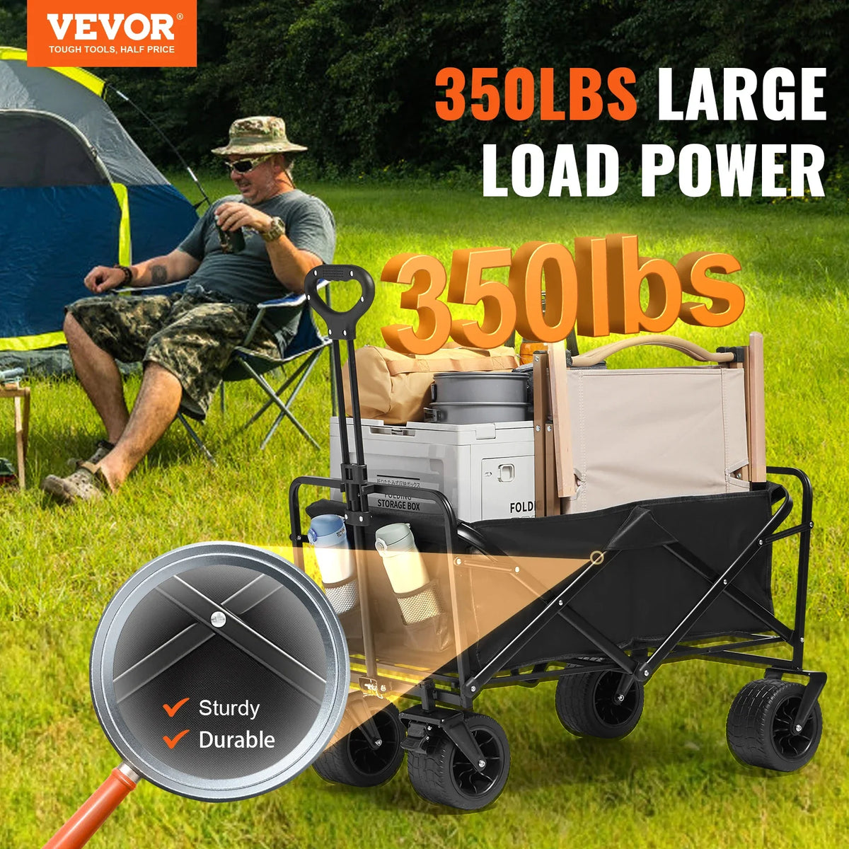 Collapsible Folding Wagon, 3 cu.ft Beach Wagon Cart, 350 lbs Weight Capacity ,for Camping, Shopping, Garden