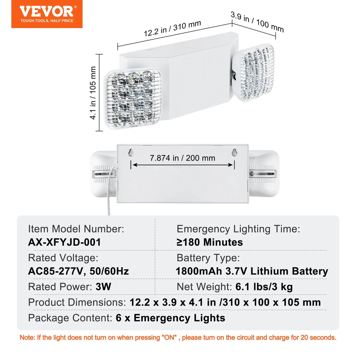 12 PCS Emergency Light, 3W, White LED Emergency Exit Lighting Fixtures w/180 Minutes Backup Battery Ceiling or Wall Mount