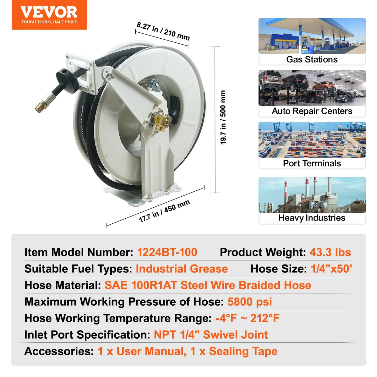 33/50/66ft Fuel Hose Reel Extra Long Retractable Spring Driven Auto Swivel Rewind for Auto Repair Heavy Industries