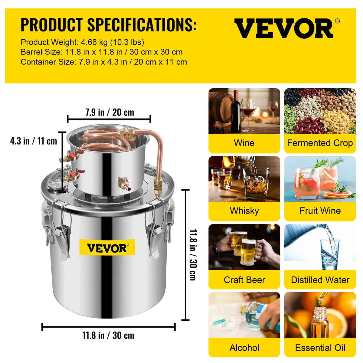 3/5/8 GAL Water Alcohol Distiller Copper Wine Making Boiler Multi Home DIY Brewing Distilling Kit for Fruit Wine Brandy