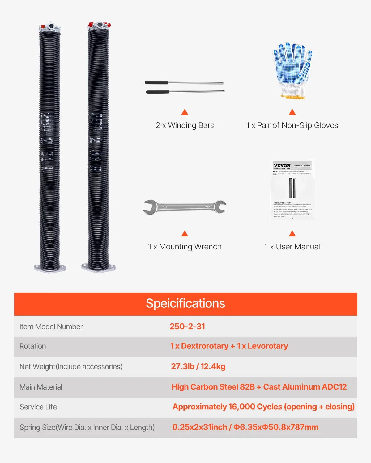 Garage Door Torsion Springs Pair 16000 Cycles Electrophoresis Black Coated for Replacement Garage Door Springs