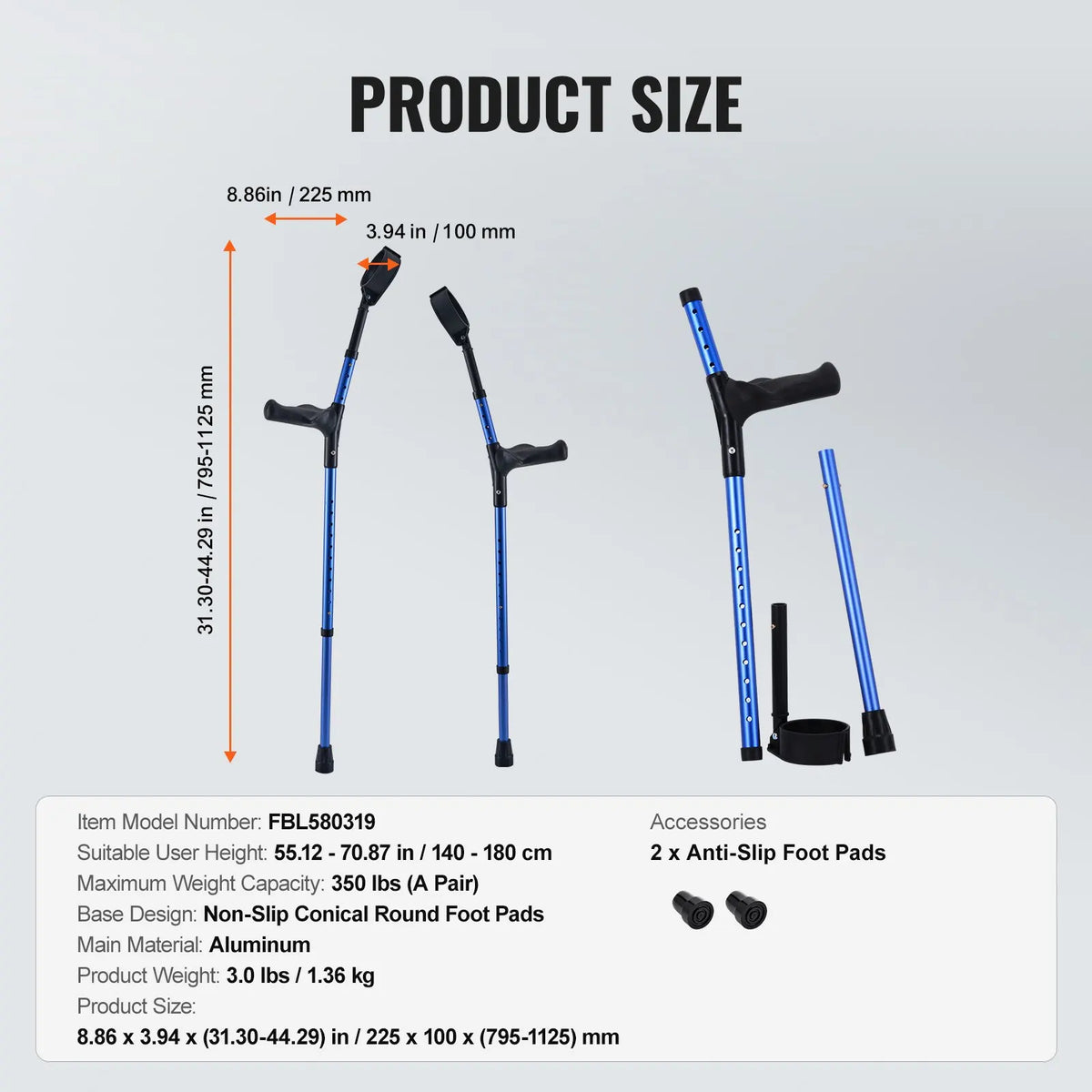 Forearm Crutches for Adults, 10/11Level Height Adjustable Walking Crutches with 4-Level Upper Cuff, Lightweight Aluminum
