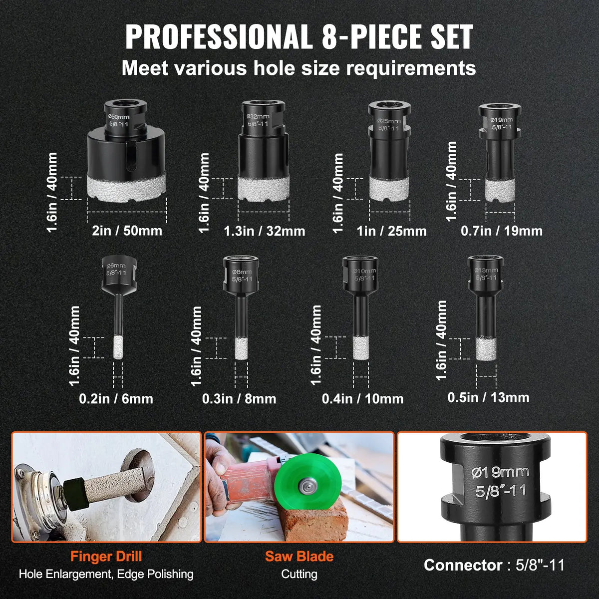 Diamond Core Drill Bit Set, 6/7/8/11PCS Diamond Hole Saw Kit, with 5/8"-11 Connector and Storage Case, for Dry and Wet