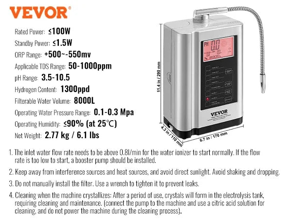 Alkaline Water Ionizer Machine, pH 3.5-10.5 Alkaline Acidic Hydrogen Water Purifier,  Up to -650mV ORP, 8000L Per Filter