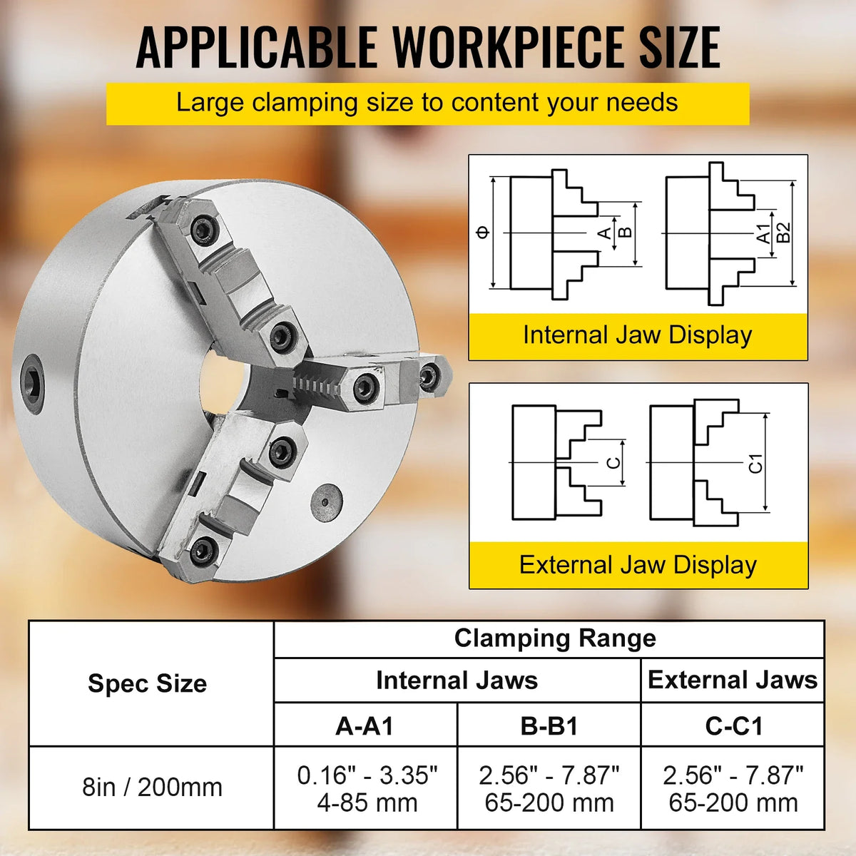 3 Jaw Lathe Chuck K11-200 8Inch K11-250 10inch Self Centering Chuck Hardened Steel Jaws for Lathe Drilling Milling Machine