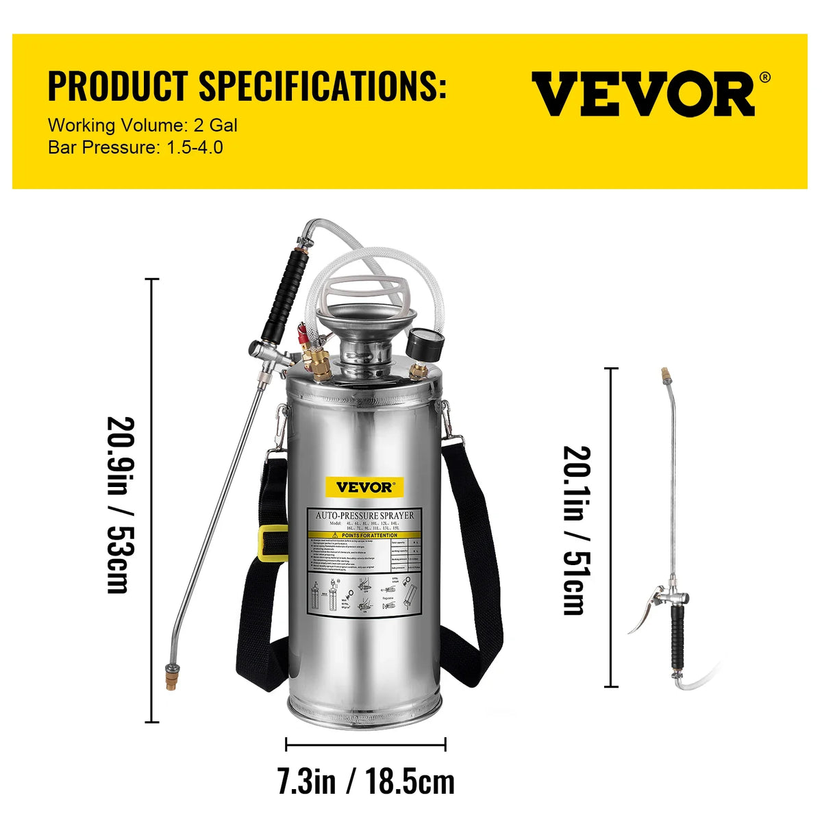 2Gal Stainless Steel Sprayer Hand Pump Sprayer with Pressure Gauge&Safety Valve Adjustable Nozzle for Gardening Sanitizing