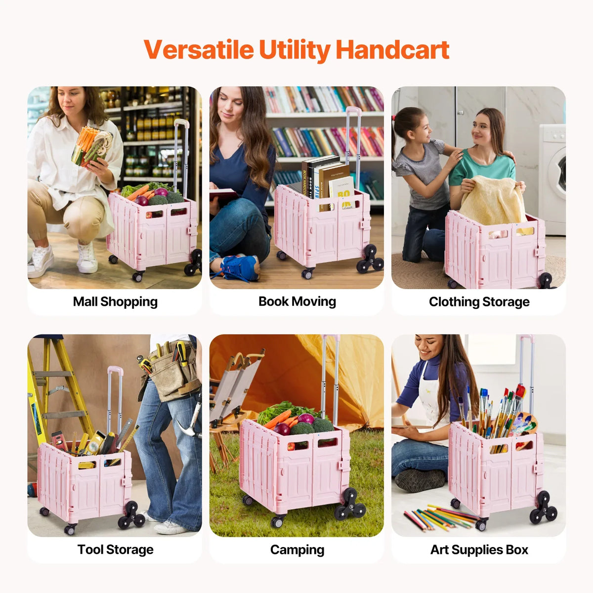 150lbs Stair Climbing Cart 65L Foldable Utility Hand Cart with Wheels Collapsible Crate Rolling Cart for Shopping Office