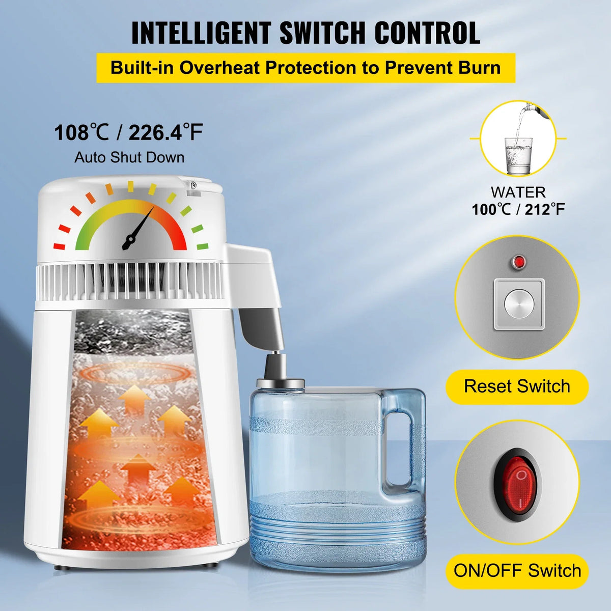 4L Water Distiller Purifier Filter Dispenser Heating Drinking Bottle Softener 304 Stainless Steel for Office Homes