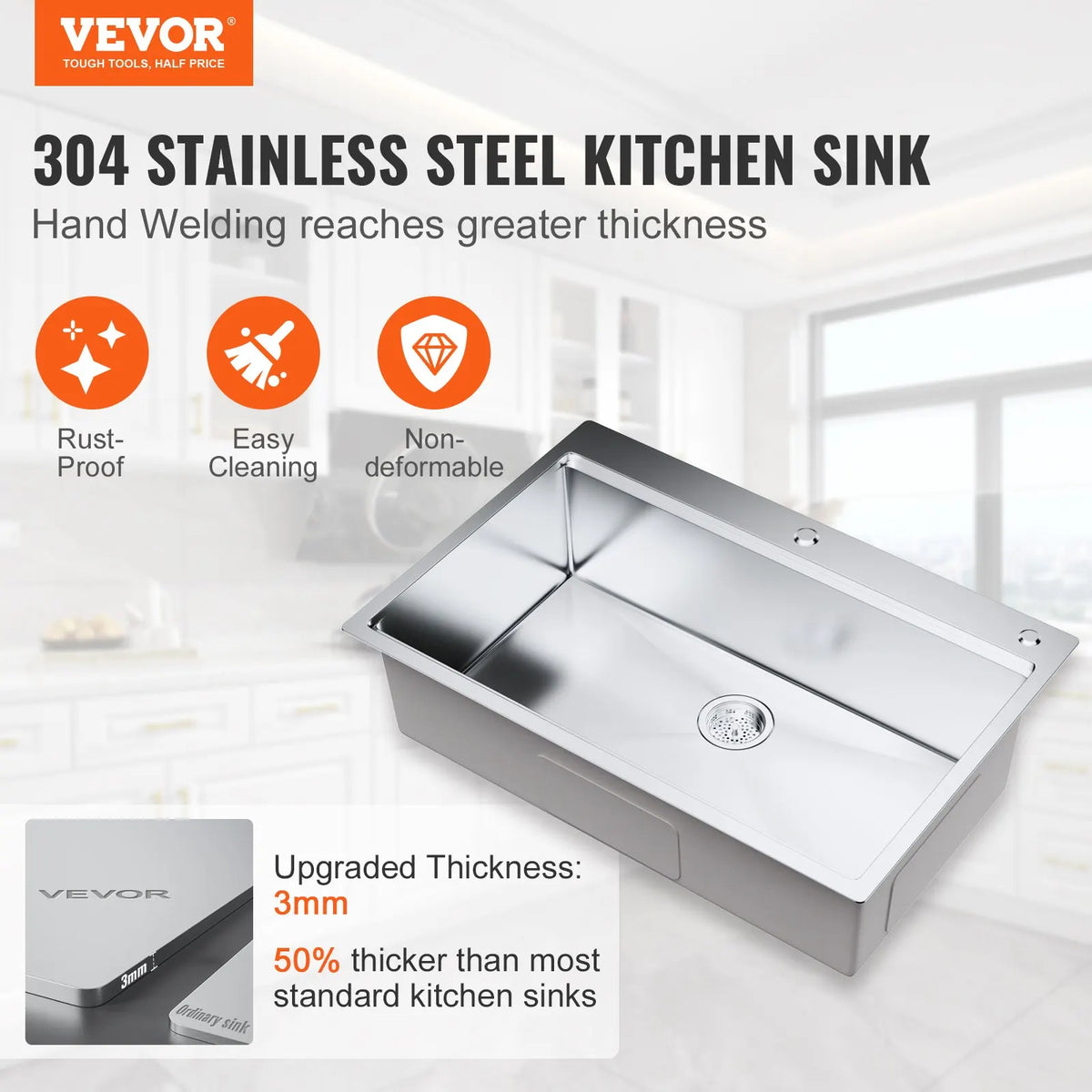 Kitchen Sink 304 Stainless Steel Drop-In Sinks,Top Mount Single Bowl Basin Household Dishwasher Sinks for RV Prep Kitchen