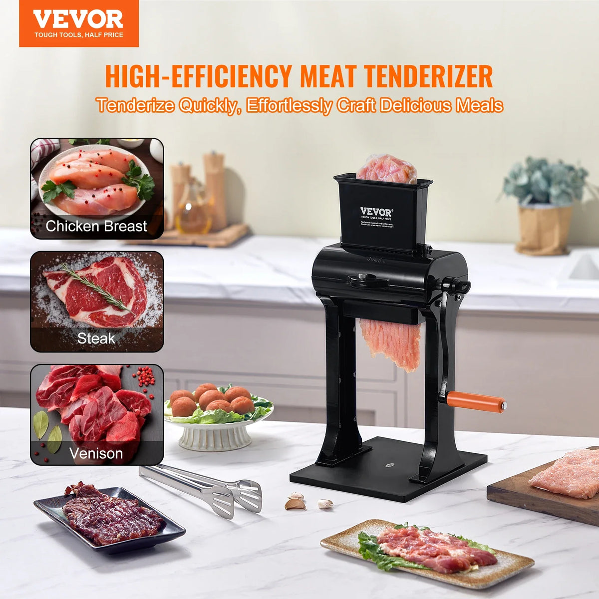 Commercial Stainless Steel Meat Tenderizer, Quick and Easy Manual Operation Kitchen Tool, 5.8" Feed Port for Beef, Turkey