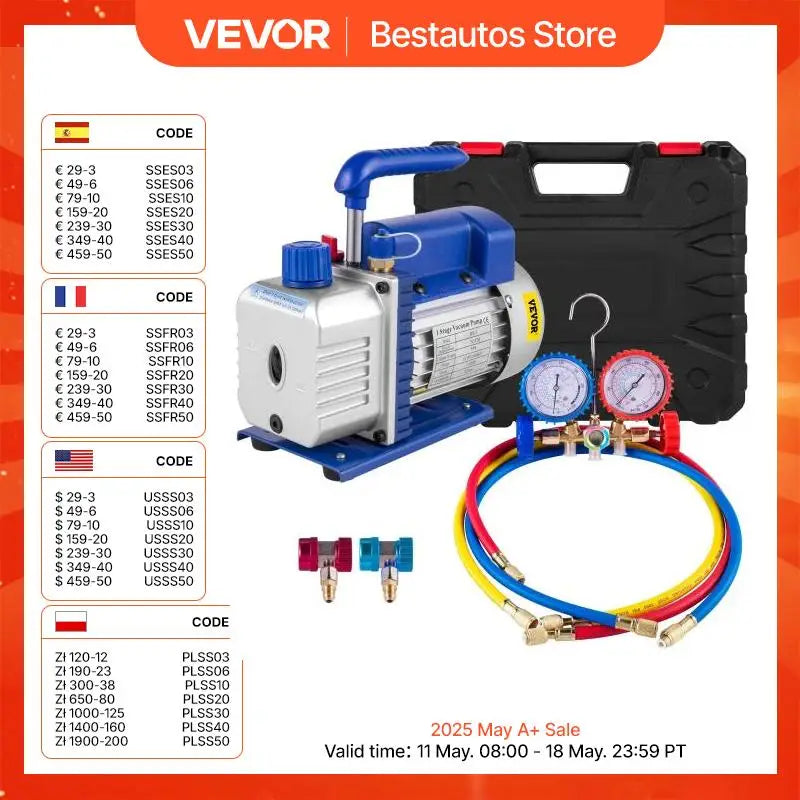 3CFM 1/4HP Single Stage Air Vacuum Pump HVAC R134a R12 R22 R410a A/C Refrigeration Kit AC Manifold Gauge R134 Can Tap