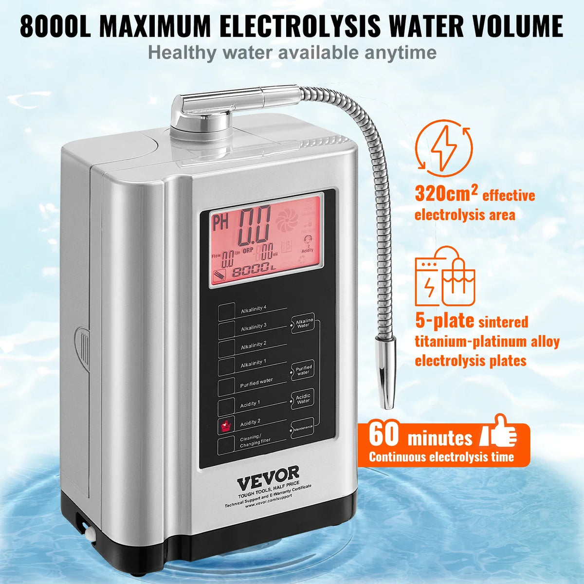 Alkaline Water Ionizer Machine,pH 3.5-10.5 Alkaline Acidic Hydrogen Water Purifier,7 Water Settings Home Filtration System