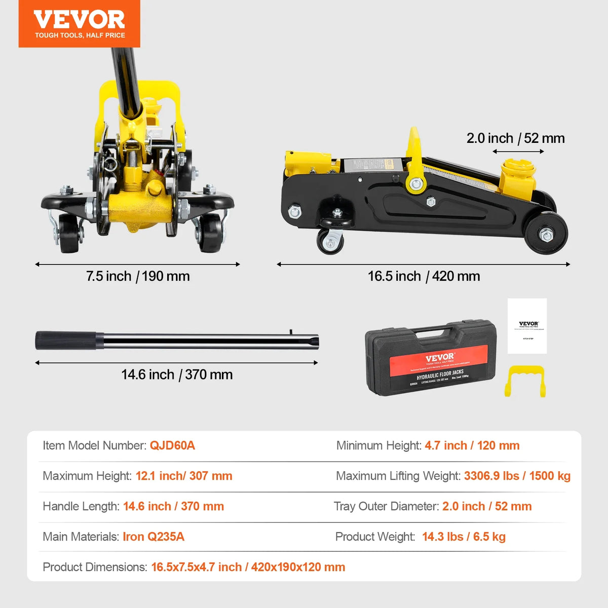 Low Profile Floor Jack 1.5 /2Ton, Heavy Duty Iron Hydraulic Racing Floor Jack, Hydraulic Car Jack, Single Piston Pump