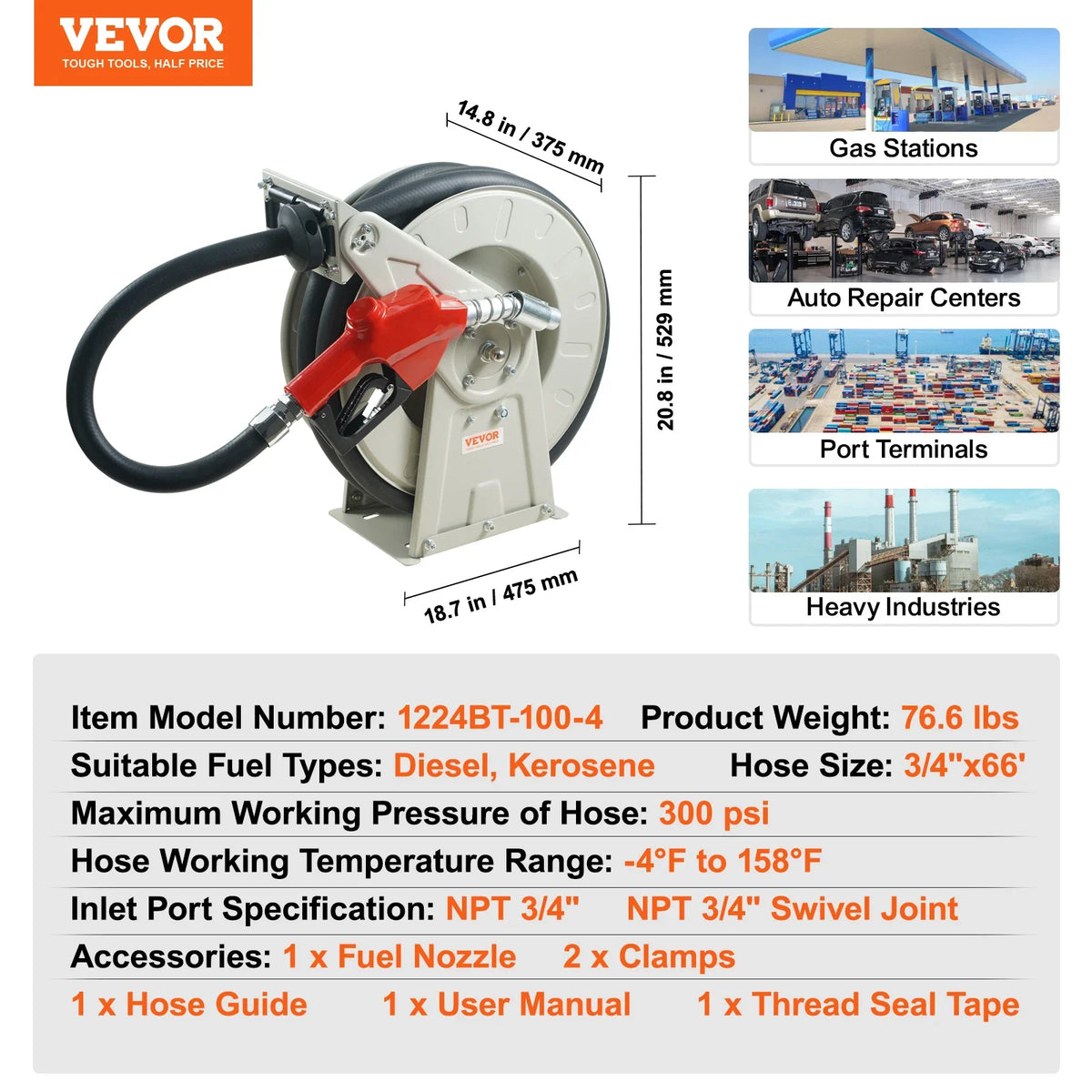 33/50/66ft Fuel Hose Reel Extra Long Retractable Spring Driven Auto Swivel Rewind for Auto Repair Heavy Industries