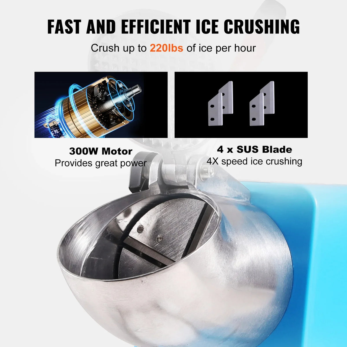 Ice Crushers Machine 220lbs Per Hour Electric Snow Cone Maker 4 Blades 300W Ice Shaver Machine for Home and Commercial Use