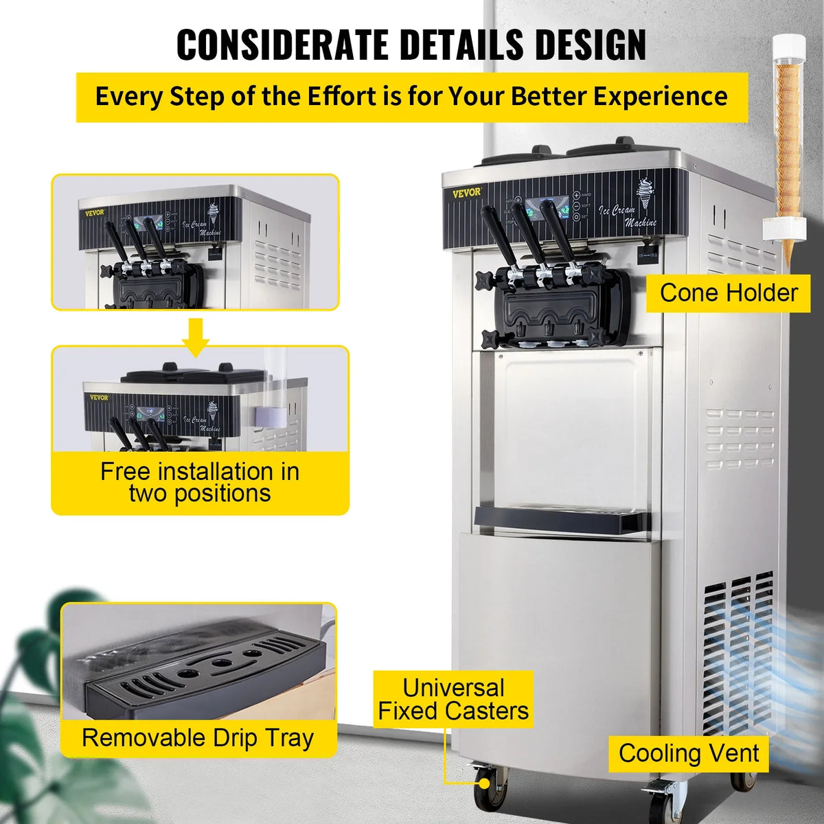 Commercial Soft Ice Cream Machine,2200W 3 Flavors Ice Cream Maker,5.3 to 7.4 Gal per/H Auto Clean LCD Panel for Restaurant