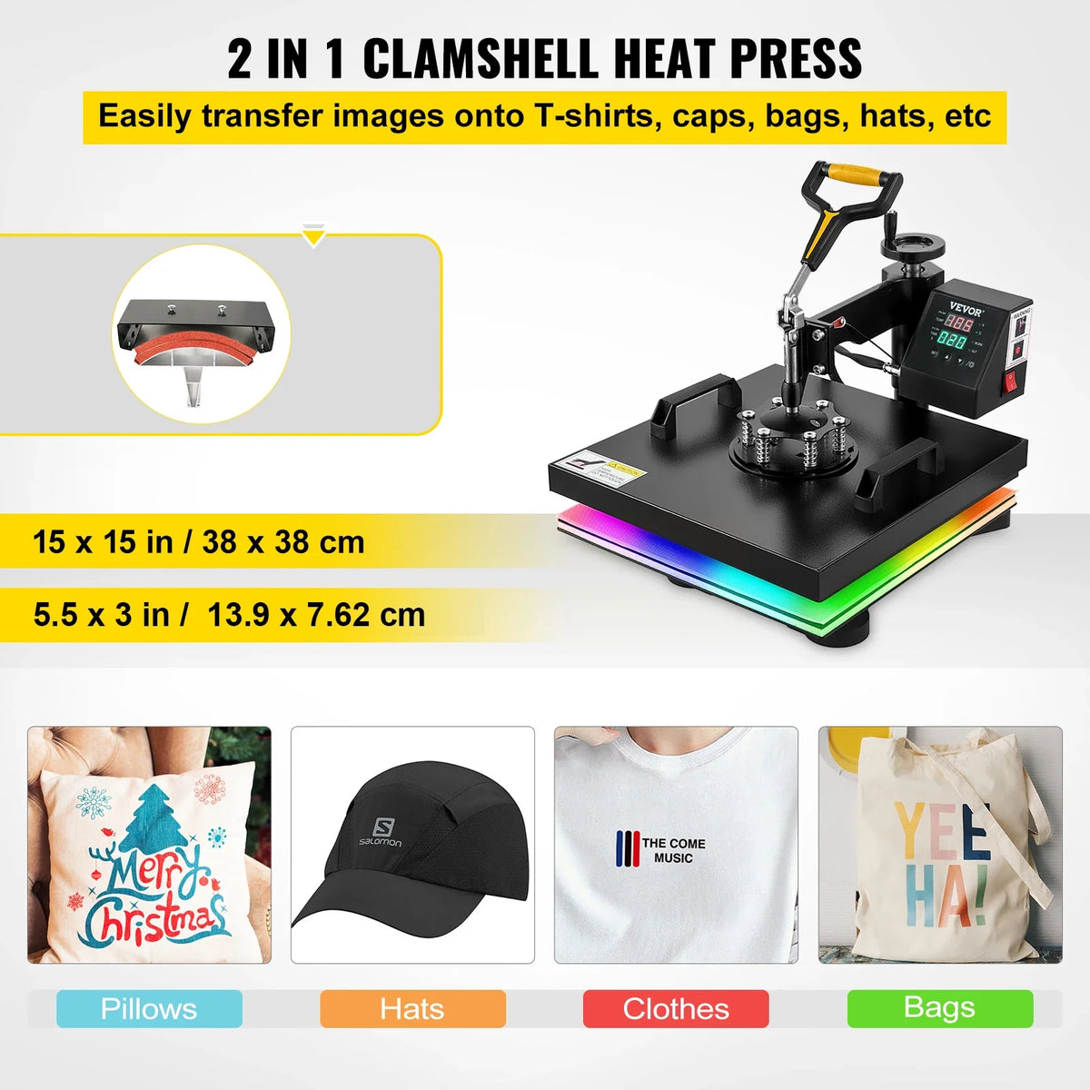 2In1 Heat Press Machine 38*38CM Multifunctional 360 Degree Swing-Away Digital Sublimation Printer Transfer DIY T-shirt Cap