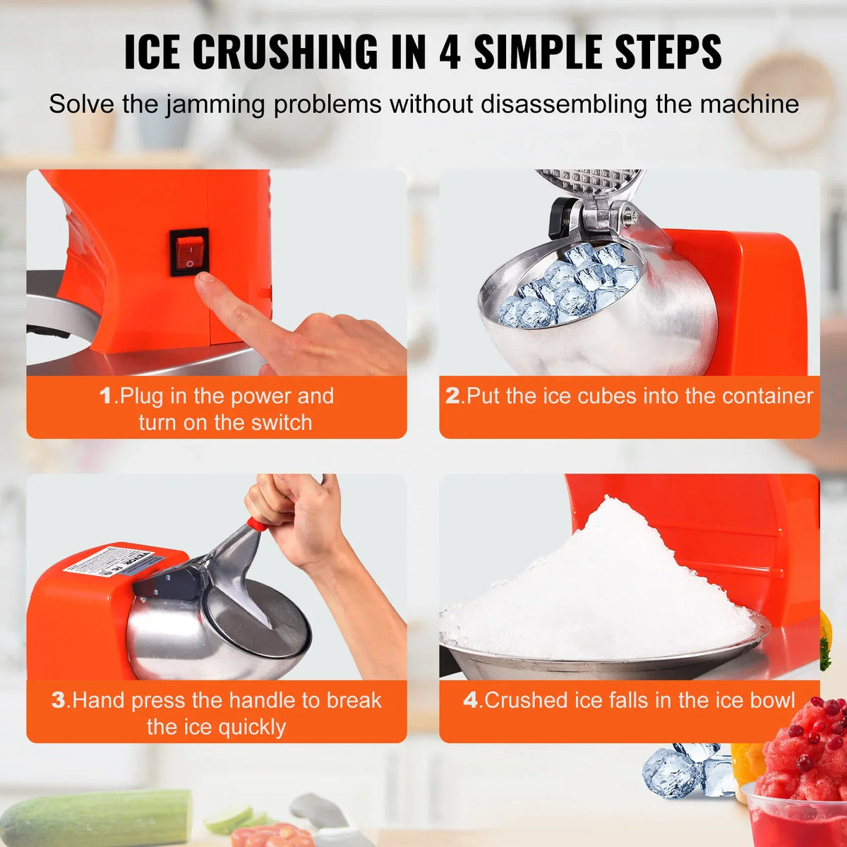 Ice Crushers Machine 220lbs Electric Snow Cone Maker with 4 Blades for Home and Commercial Use