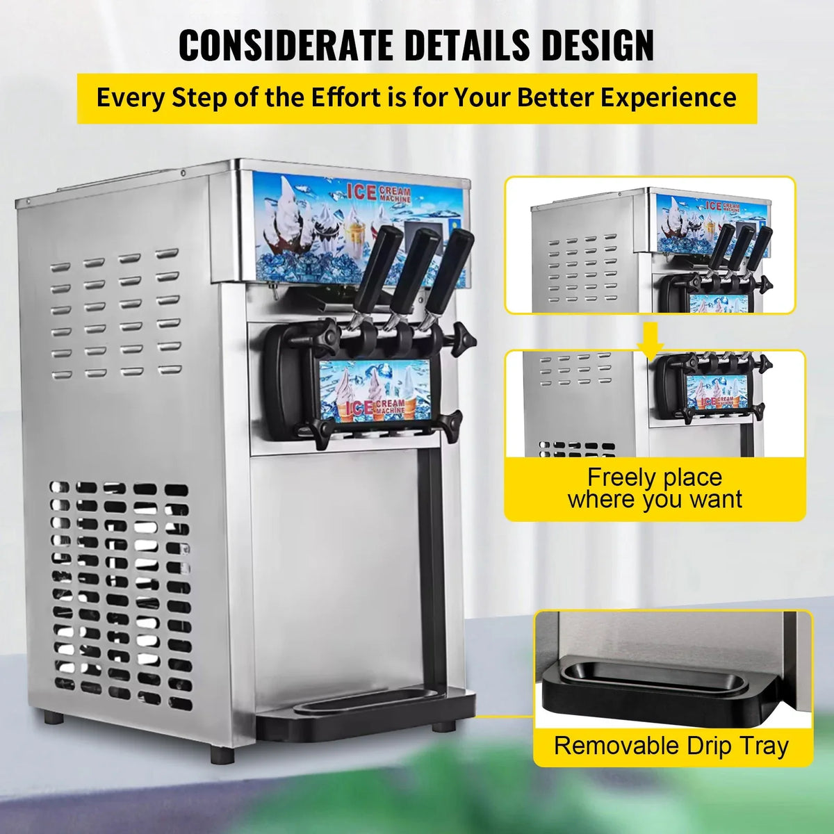 Commercial Soft Serve Ice Cream Machine - Tri-Flavor 18L/H with LCD Display & One-Touch Cleaning for Dessert Shops, Cafes