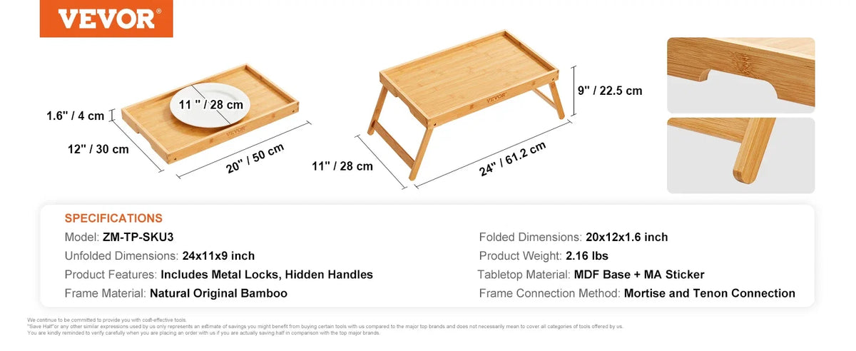 Bamboo Bed Tray Laptop Table with Foldable Legs,Mini Stand Lap Desk/Table,Multifunction Snack/Breakfast Tray Bed Table