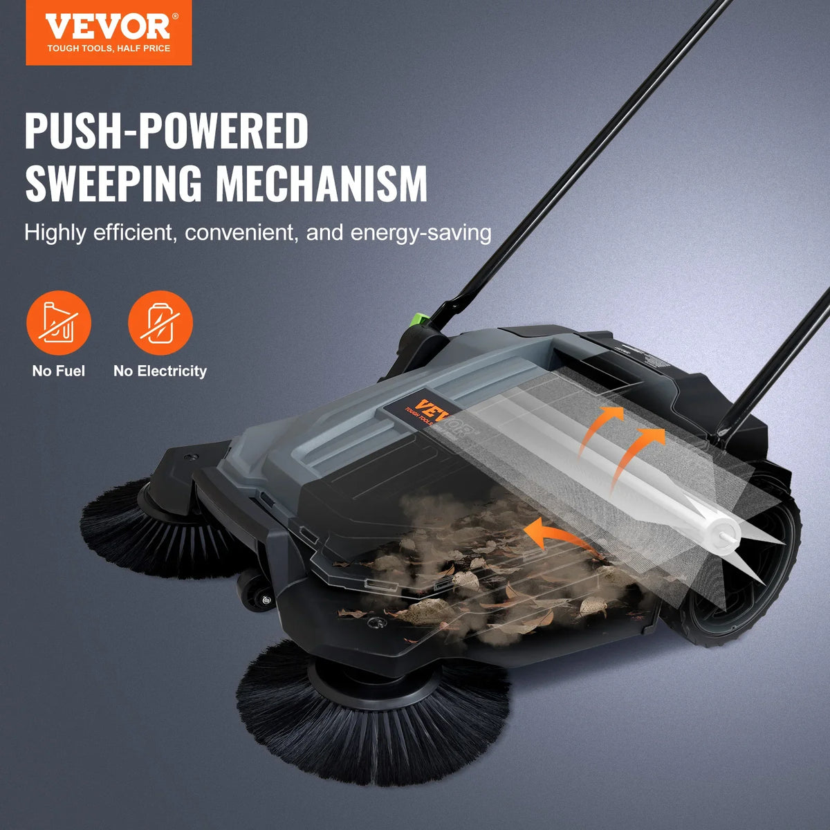 Walk-behind Hand Push Floor Sweeper 25.6" Sweeping Width Floor Sweeper 5-Gallon Waste Container Angle & Height Adjustable