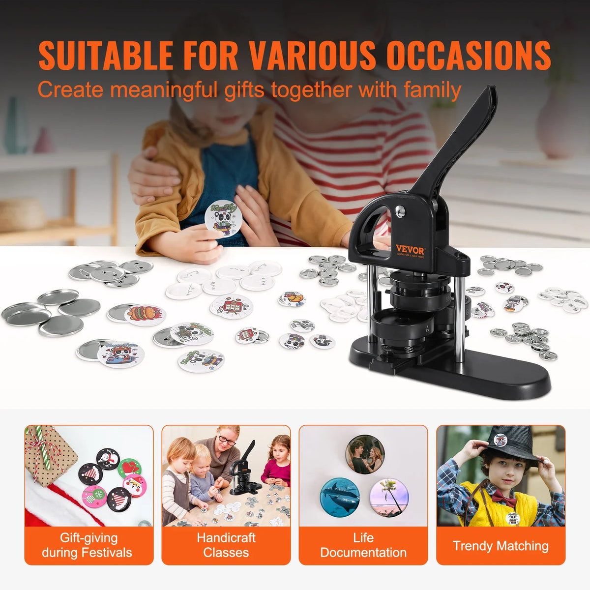 Button Maker 3-IN-1 Pin Maker w/300pcs Button Parts Button Maker Machine Arc Handle Punch Press Kit For Children DIY Gifts