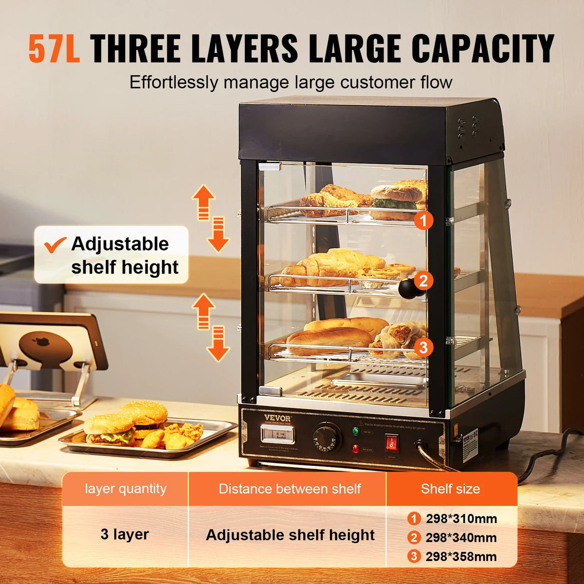 3-Tier Commercial Food Warmer Display, 1000W Food Display Warmer with Light, Adjustable Shelf and Temperature Display